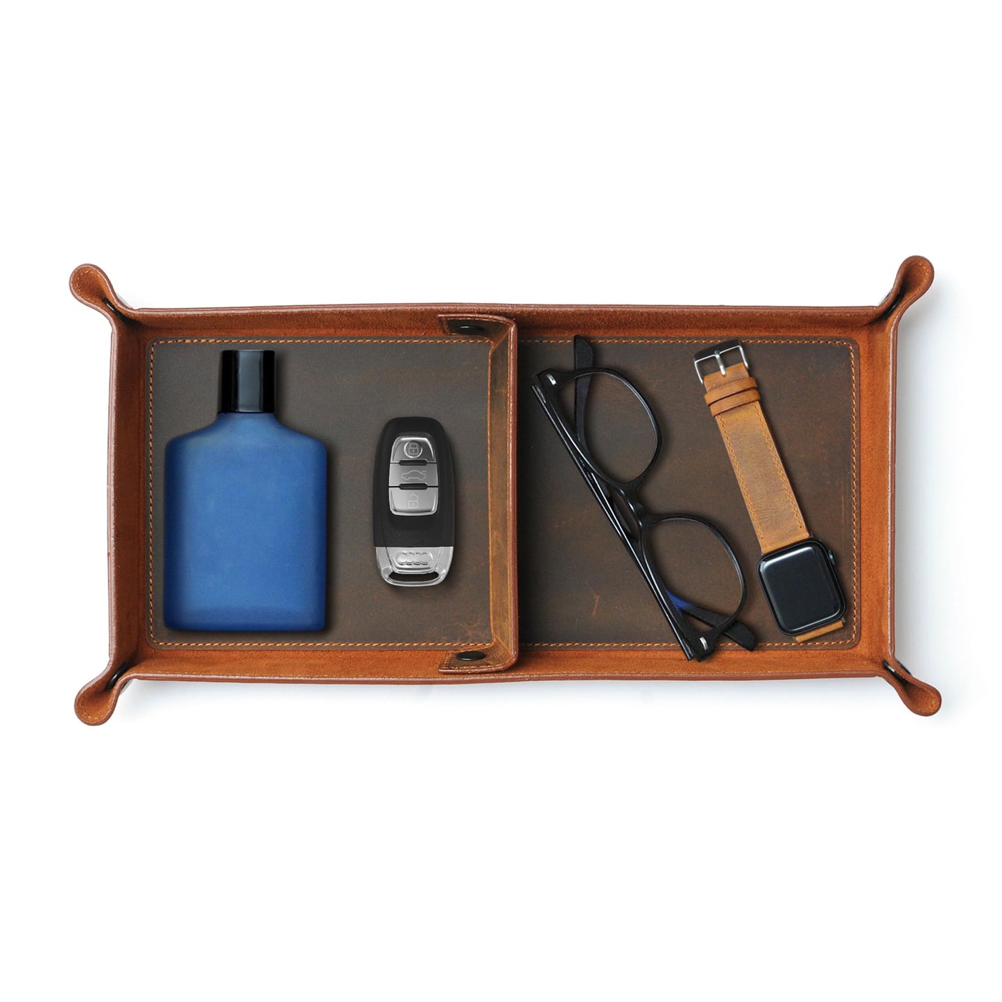 MayaCraft Handmade Leather Catch All Tray and Organizer for Keys, Phones, Jewels, Coins, Rectangular, Choco Brown