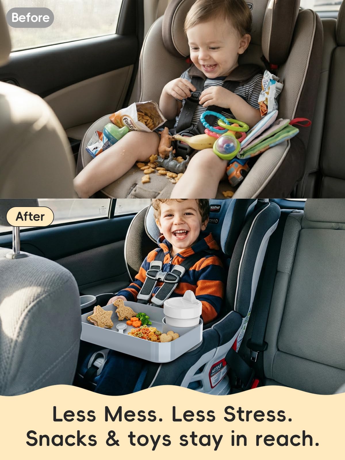 BBSDA Car Seat Cup Holder Snack Tray for Kids, Reduces Mess, Detachable Large Base & Adjustable Ring, Carseat Tray for Toddler, Car Seat Food Tray Table for Kid Travel Road Trip Essentials -Light Gray
