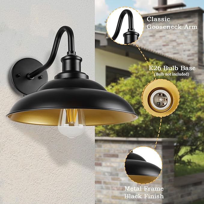 Outdoor Gooseneck Barn Light, 12 Inch Farmhouse Exterior Wall Mount Light, Outdoor Sconce Wall Lighting Fixture, Outside Industrial Black Lantern, Gold Interior, 3 Pack