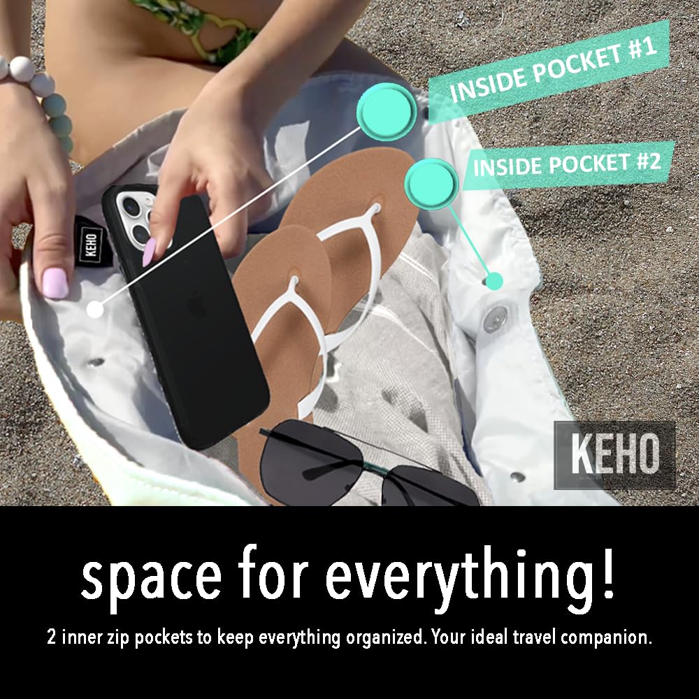 Keho Women's Fashion Trendy Beach Bag – Vegan Leather Handles, Pockets, & Waterproof/Sandproof Design - (Green)