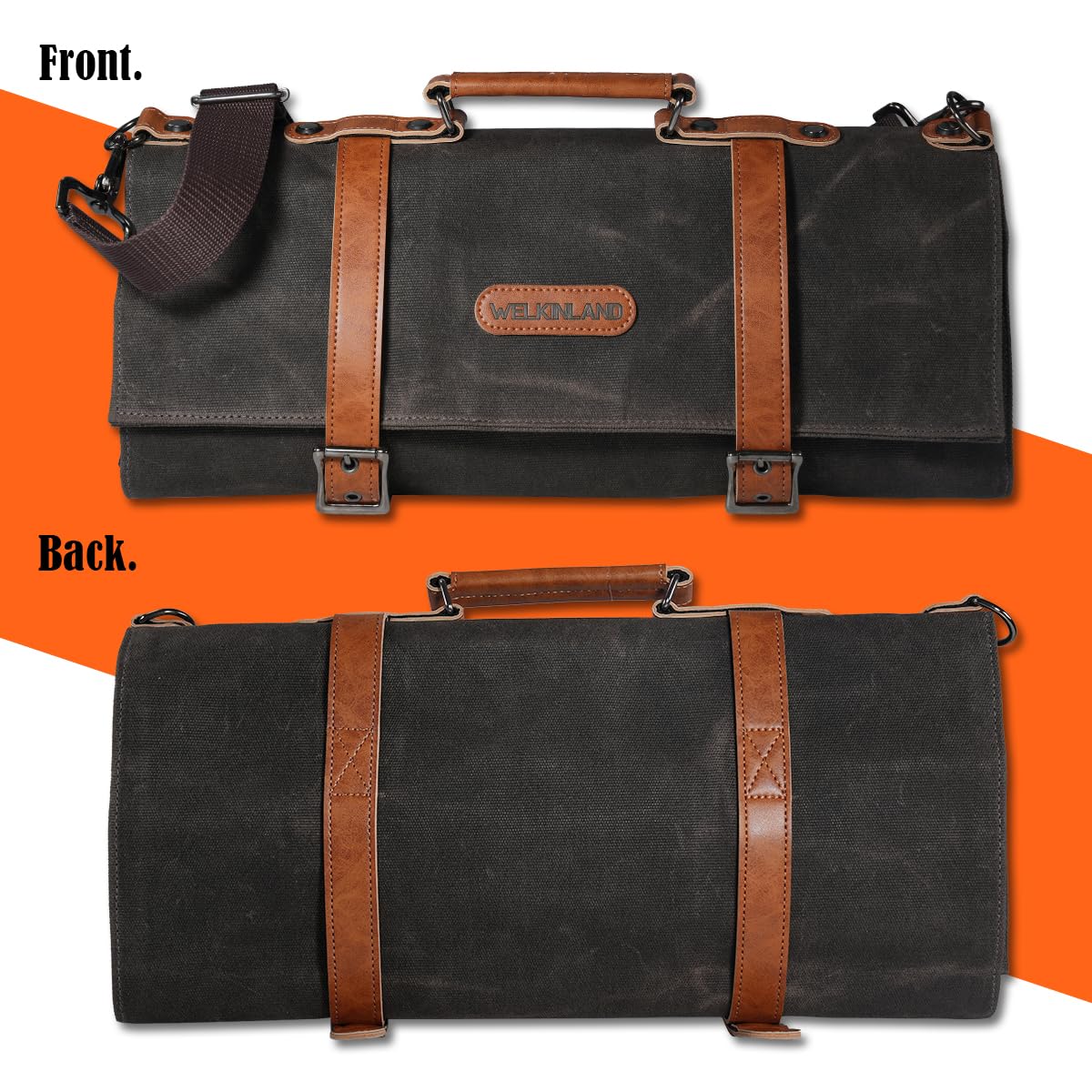 WELKINLAND 13-Pocket Knife Roll, Waxed-Canvas Leather Knife Roll Bag, Heavy-Duty Chef Knife Roll Bag, WaterProof Knife Wrap Roll, Portable Chef Knife Roll Up, Chef Knife Bags And Rolls