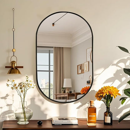 26x38 inch Oval Bathroom Mirror, Black Vanity Wall Mirror with Brushed Metal Frame, Oval Mirrors for Bathroom, Entryway, Over Sink, Living Room