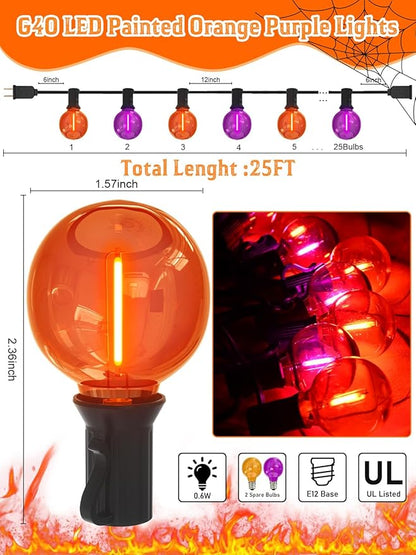 25FT G40 LED Outdoor Halloween String Lights, Orange and Purple Halloween Decoration Lights with 25 Globe LED Bulbs, UL Listed Hanging String Lights for Holiday Porch Garden Patio