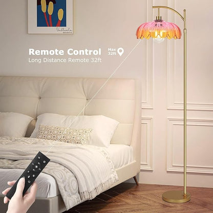 Floor Lamp for Living Room,Bedroom,Gold Dimmable Standing Lamp with Remote,Mid Century Modern Brass Tall Lamp Retro Vintage Glass Lamp Floor Light Boho Bohemian