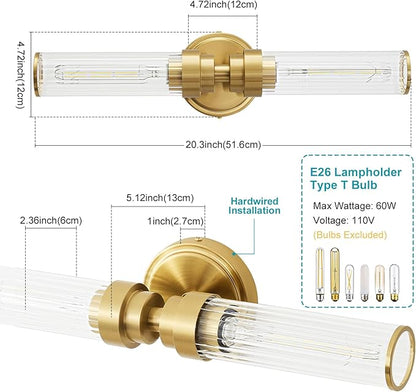 Bathroom Light Fixtures, Gold Wall Sconce in Threaded Glass Vanity Lights 2 Pack, Modern Bathroom Vanity Light Up and Down Sconces Wall Lighting for Bathroom, Living Room - Bulb Not Included