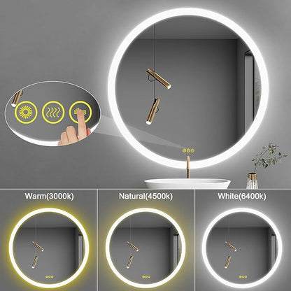 OKISS Wall-Mounted LED Round Bathroom Mirror, Makeup Mirror (28 inches x 28 inches,) 3 Color Stepless Dimmable Memory Bathroom Vanity Mirror with Lights CRI90+ 3000-6400K Smart Mirror with Touch