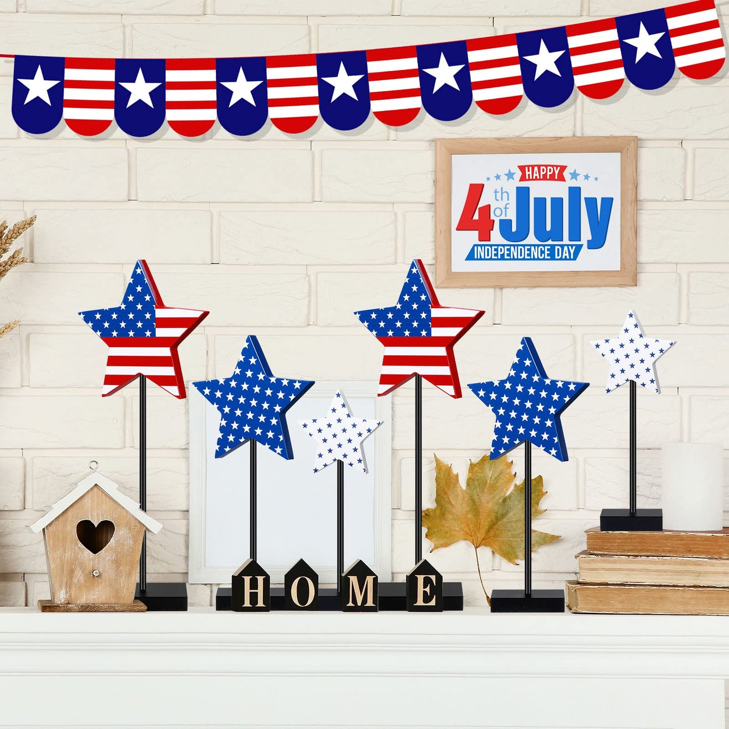 Geelin 6 Pcs Independence Day Standing Star Block Set Wooden Star Table Decoration Signs Memorial Day 4th of July Wood Patriotic Decor for American Festival Celebration Home Party Decor (Stripe Style)
