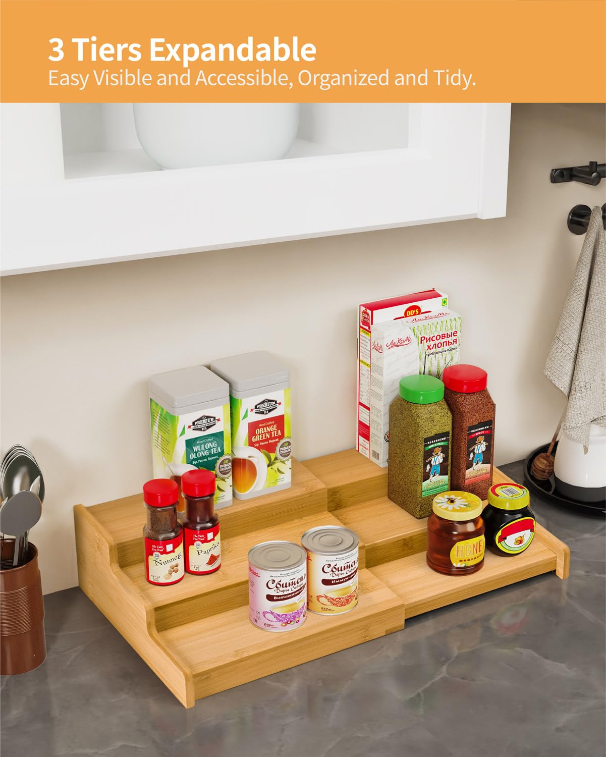 Spice Rack Organizer, 3 Tier Expandable Bamboo Spice Rack Organizer, Great for Kitchen Cabinet, Cupboard, Pantry and More-Bamboo