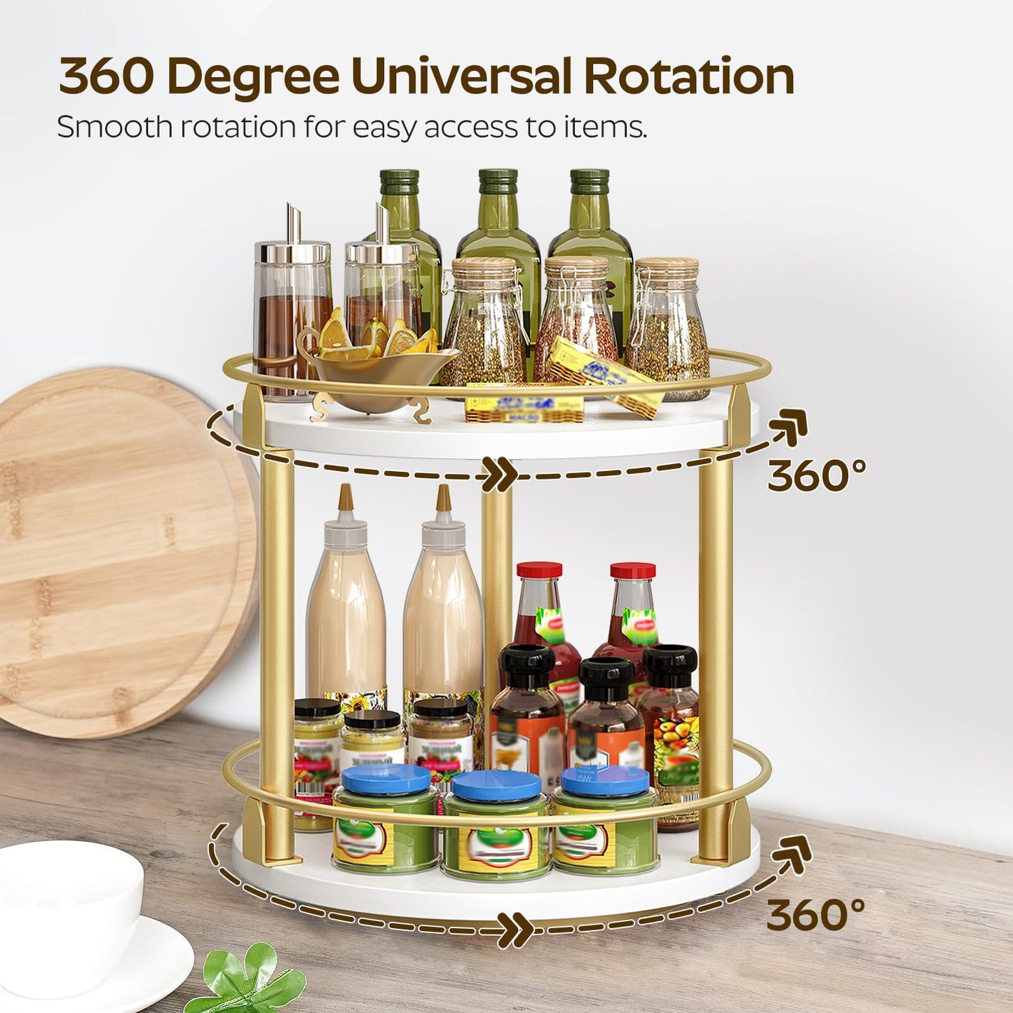 3-Tier Lazy Susan Organizer, Rotating Spice Rack, Spinning Organizer, Industrial Turntable Spice Rack Organizer for Cabinet, Kitchen Countertop, Pantry, Rustic Brown and Black SR23BR