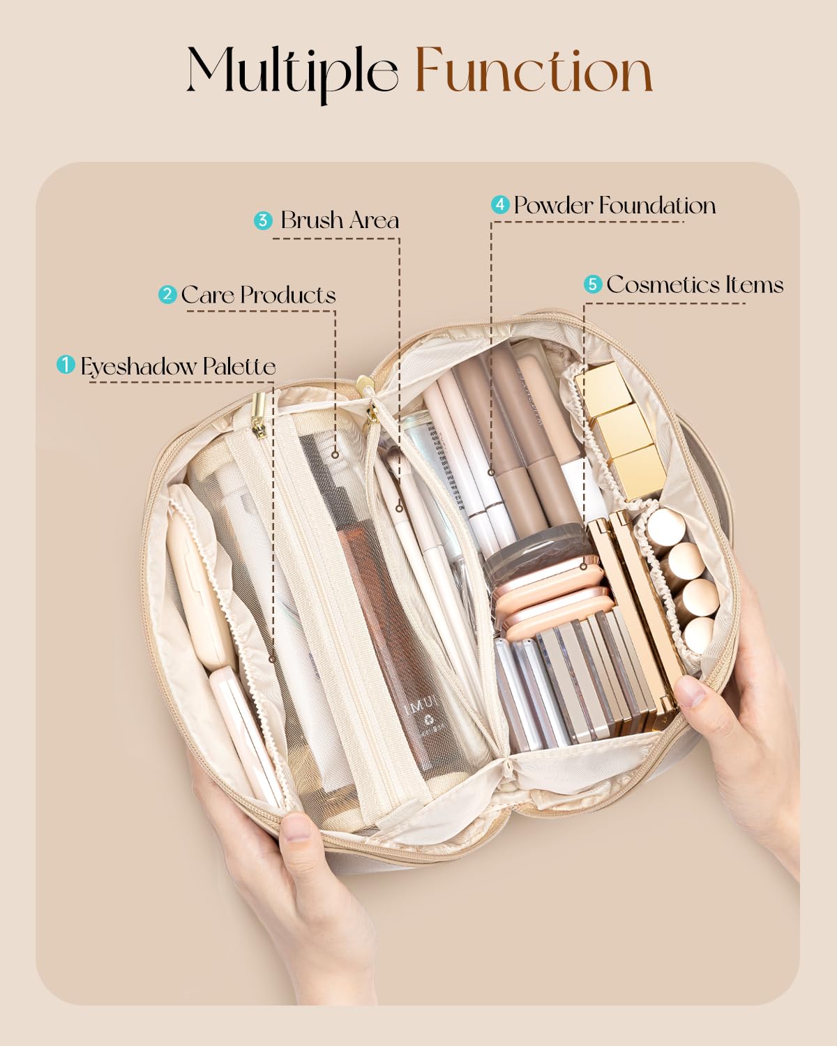 VLANDO Makeup Bag,Travel Toiletry Bag,Cosmetic Bag for Women PU Leather Portable Make up Bag for Skincare, Brushes & Travel Essentials-Toffee
