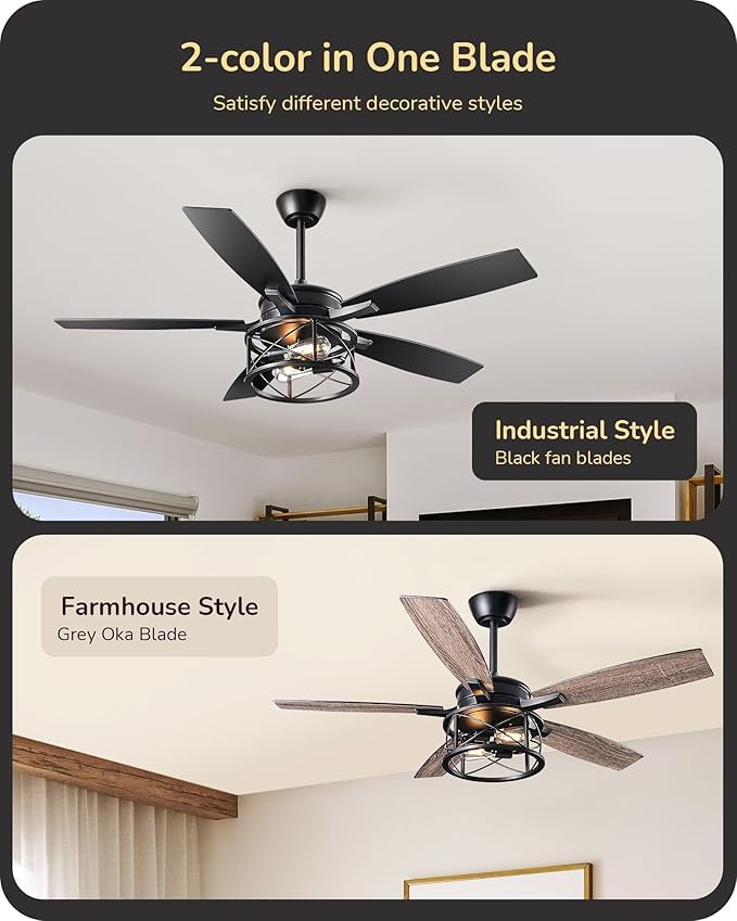 EDISHINE 42“ Black Farmhouse Ceiling Fans with Lights, Remote Control, Dimmable, 6 Speeds, 5 Wood Blades, DC Reversible Motor, Timer, Noiseless, Small Rustic Fan for Bedroom Living Room Kids Room