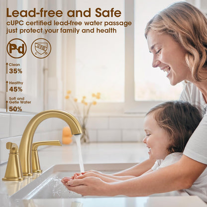 JABBOL Gold Bathroom Faucet,Brushed Gold Bathroom Faucet,Brass Sink Faucets,Bathroom Faucet 3 Hole Brushed Nickel，with Pop Up Drain Supply Hose for Vanity,Lavatory RV Farmhouse