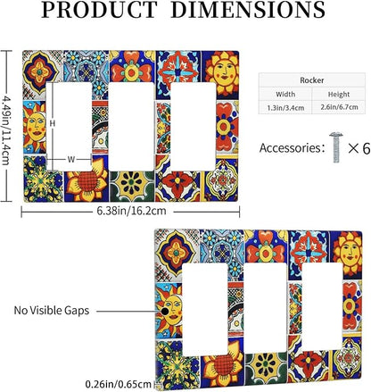 Traditional Colorful Talavera Mexican Spanish Moroccan Tiles Triple Rocker/Decora Wall Plate 3 Gang Light Switch Outlet Cover Plate Decorative Switchplate Electrical GFCI Faceplate for Bathroom Decor