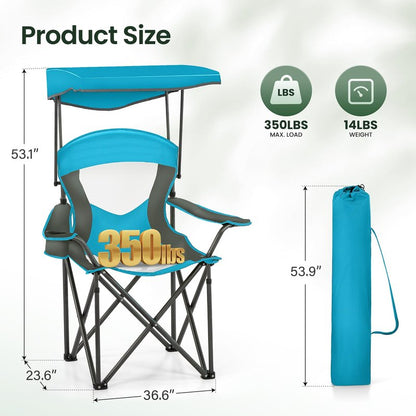 HIGH POINT SPORTS Camping Chairs with Shade, Heavy Duty Canopy Lounge Chair Sunshade Hiking Travel Chair with Cup Holder for Outdoor, Camping, Beach and Patio, Enamel Blue