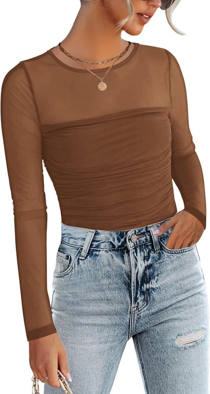 Zeagoo Long Sleeve Shirts for Women Sheer Mesh Sexy Blouses Fall Fashion Crewneck Going Out Tops