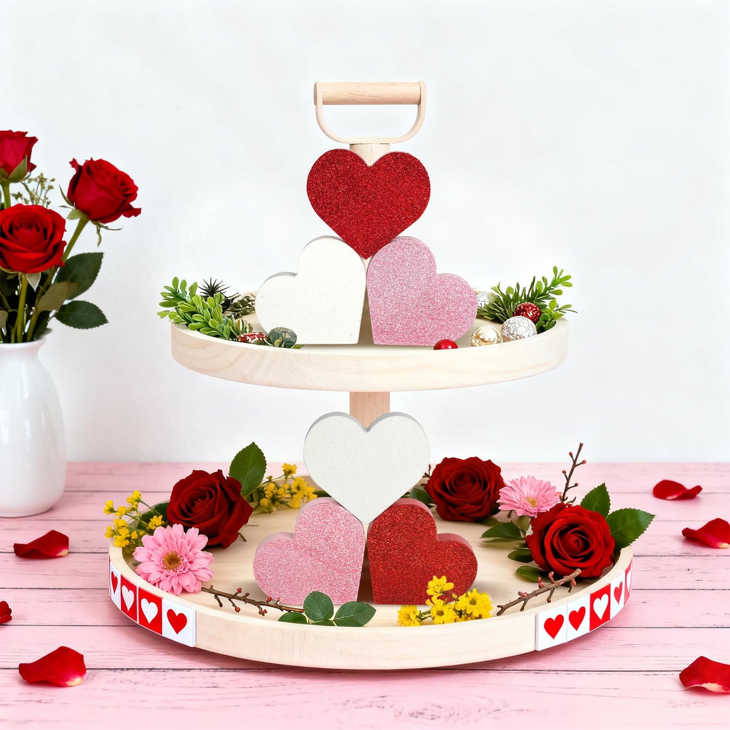 COCHIE Wooden Valentine's Day Hearts Decorations Indoor, Wood Heart Blocks Tiered Tray Decor Set of 6, Red Pink White Valentine Decoration for Home Party Office Shelf Mantle (Glitter)