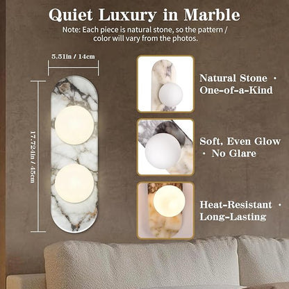 Natural Marble Wall Sconce with Alabaster Glass Globe, Modern Hardwired Wall Light Fixture for Bedroom, Bathroom, Dining Room, Hallway, Stairs (2-Light Sconce)