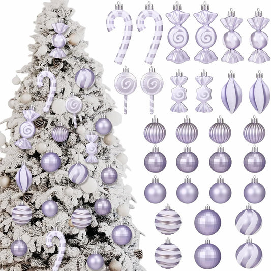 Soulchen 30 Pcs Pastel Purple Christmas Deocr Set Purple Christmas Balls Candy Cane Lollipop Decorations Assorted Plastic Xmas Tree Hanging Ornaments for Home Xmas Holiday Party Decors