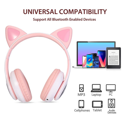 TCJJ Bluetooth 6.0 Cat Ear Kids Headphones for Girls, LED Light Up, 85dB Safe Volume Limit, Stereo Sound Toddler Foldable Wireless & 3.5mm Wired Headset with Mic for School, Tablet, Travel