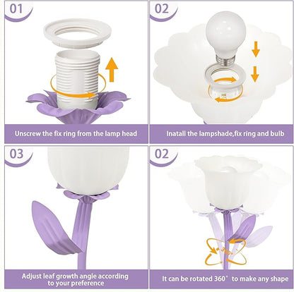 Vintage Flower Table Lamp, 3 Color Temperature Flexible Gooseneck Cute Small Desk Lamp for Bedroom, Kawaii Nightstand Bedside Lamps for Living Room, Dorm, Office, Home Decor (Purple)