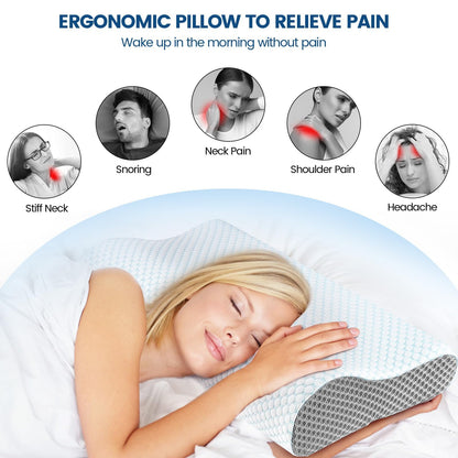 Memory Foam Pillows Neck Pillow Bed Pillow for Sleeping, Ergonomic Cervical Pillow for Neck and Shoulder Pain Relief,Orthopedic Contour Pillow for Side Back Stomach Sleeper(Blue&Grey)