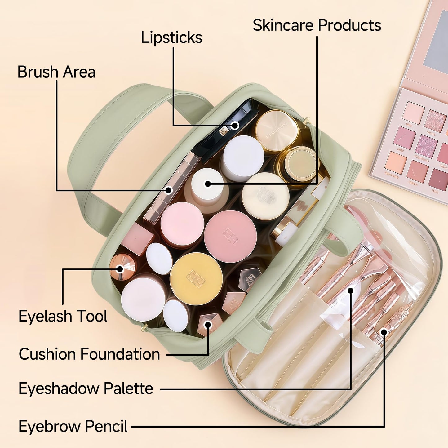 VISSUX Travel Makeup Bag for Women, Waterproof PU Leather Cosmetic Organizer with Handle, Large Capacity Toiletry Bag with Wide-Open & Multiple Compartments for Travel Accessories & Essentials (GREEN)