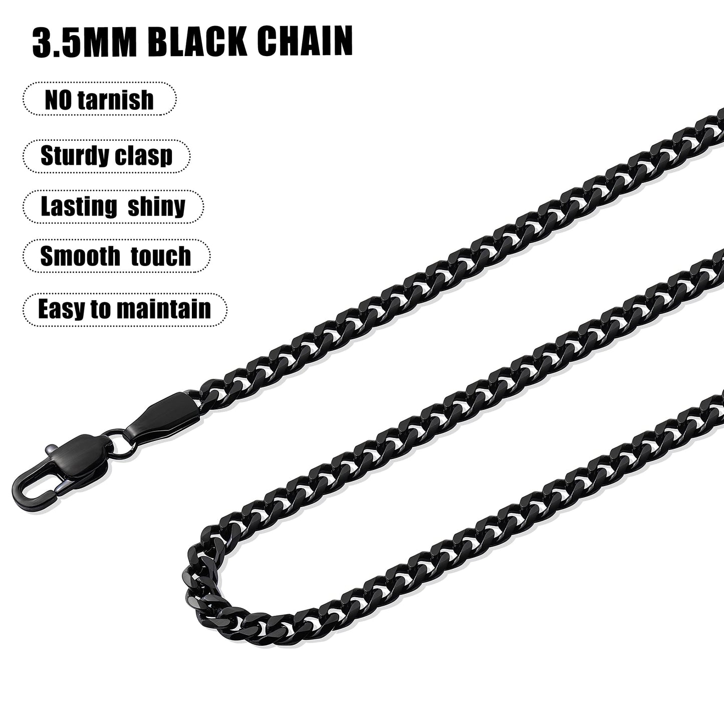 Fiusem 3.5mm Black Chain for Men, Black Cuban Link Chain Necklace for Men and Women, Stainless Steel Cuban Necklace 20 Inch