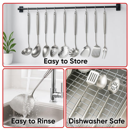 5 Pcs Newness Cooking Utensils Set, 304 Stainless Steel Kitchen Utensils Set, Metal Kitchen Accessories, Include Soup Ladle, Slotted Skimmer Spoon, Spaghetti Spoon and Spatula, Dishwasher Safe