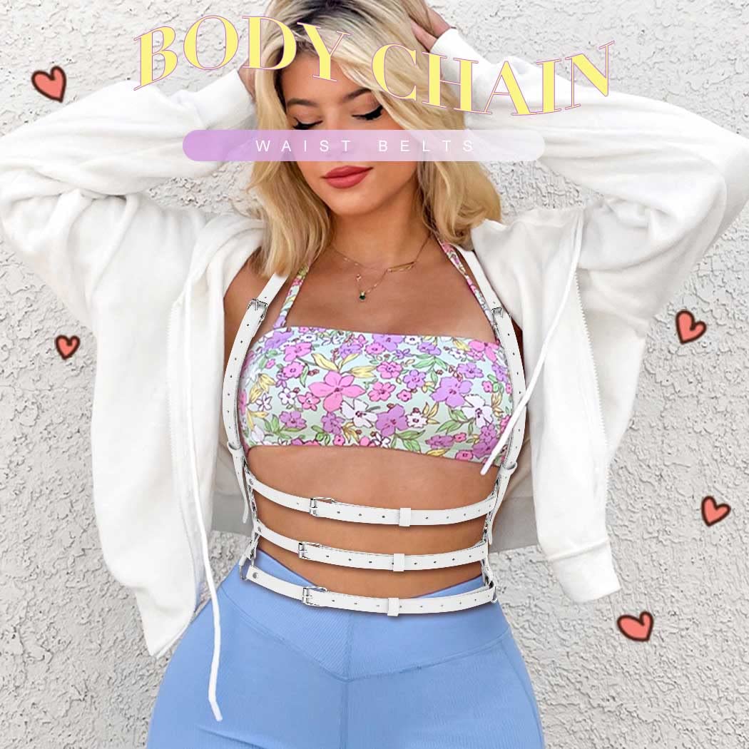 BODIY Women Fashion Leather Harness Belt Punk Waist Harness Belts Rave Body Accessories (White)