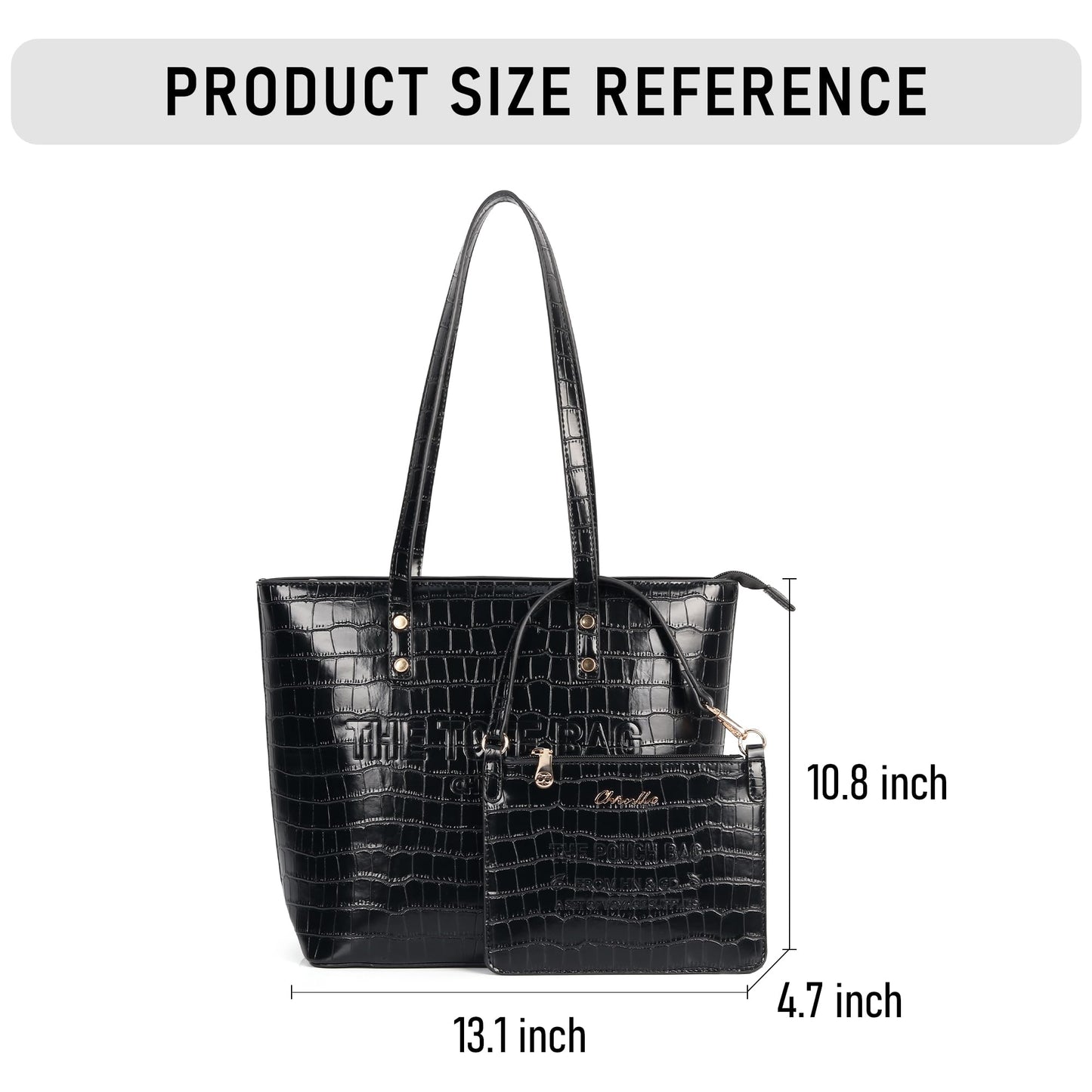 Chinllo Tote Bag for Women, Large Crocodile Top Handle Handbags Purse Set with Clutch Bag (Dc.Black)