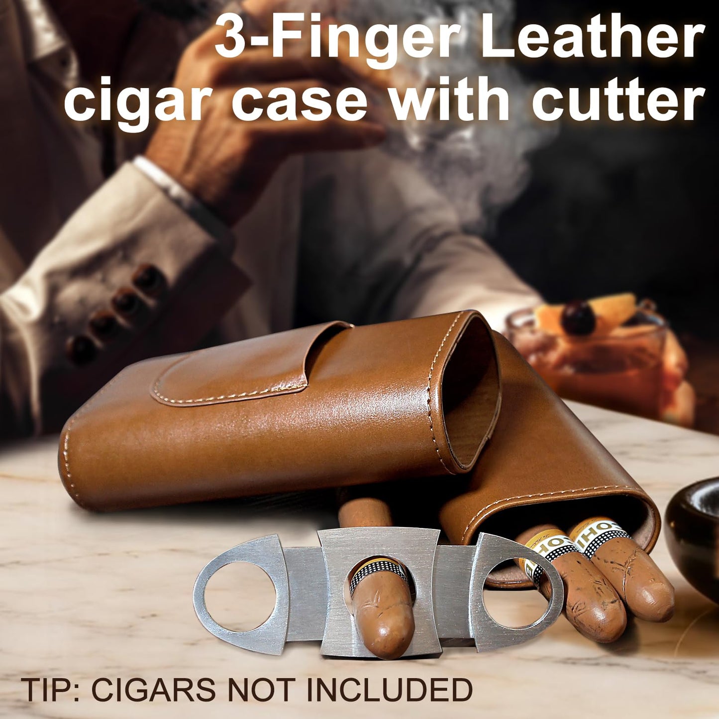 cgaplus 3-Finger Leather Cigar Case with Cutter Cedar Wood Lined Cigar Humidor Portable Travel Cigar Case(Brown)