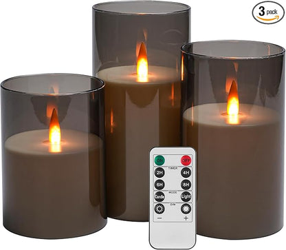 Upinmz Grey Acrylic Flameless Candles with Remote Control and Timers，Battery Operated Candles，LED Pillar Candles with Dancing Flame ，for Home Decorations ，Set of 3