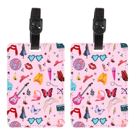 CCYTKS 2 Pack Music Singer Fan Gift Luggage Tags -Unique Music Collage Pink Tags for Backpacks, Gym Bags - Ideal Travel Accessory for Boy Girl Men Women