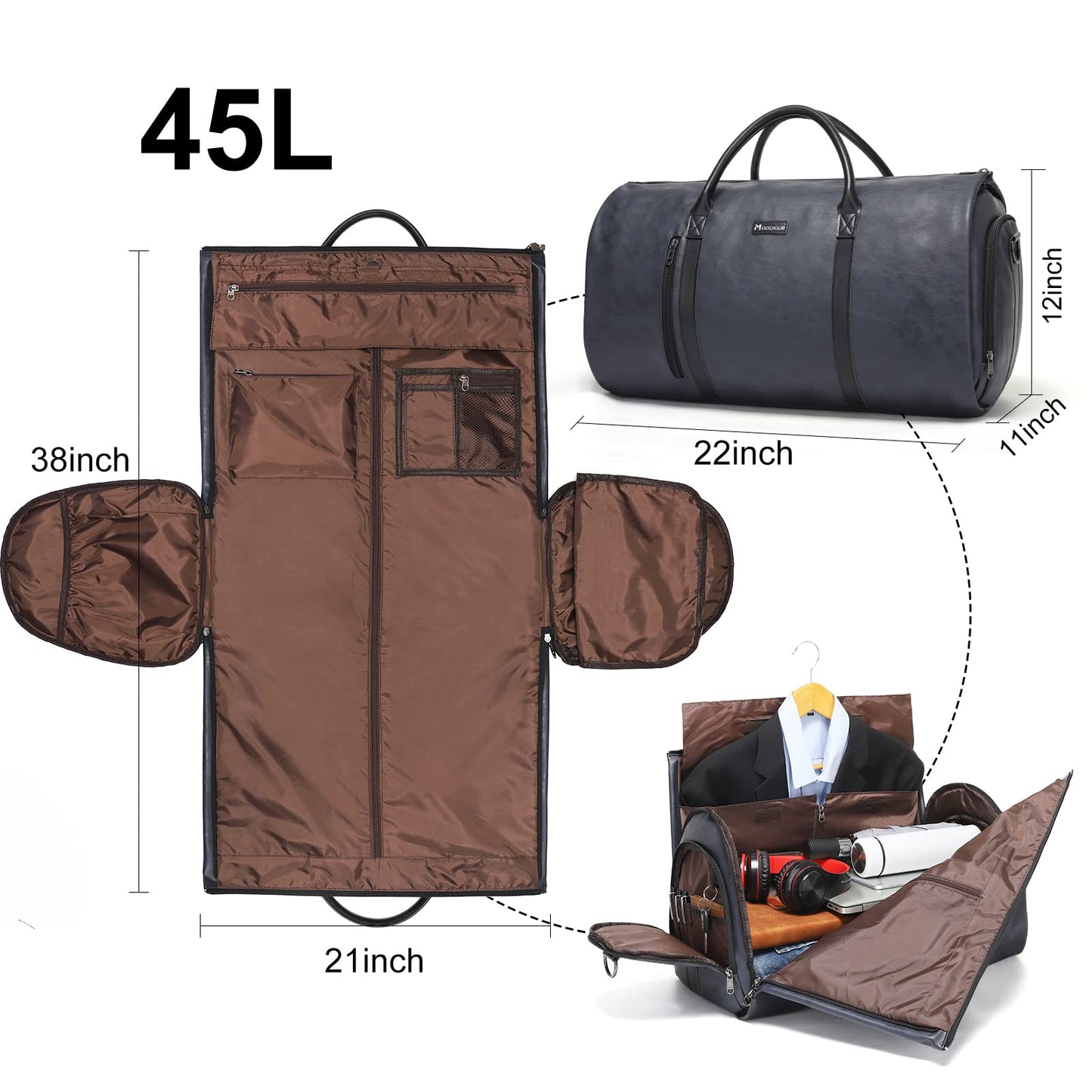 Modoker Convertible Leather Garment Bag, Carry on Garment Bags for Travel, Garment Duffel Bag, Gifts for Men Women Business Waterproof Suitcase Suit Travel Bags, Blue