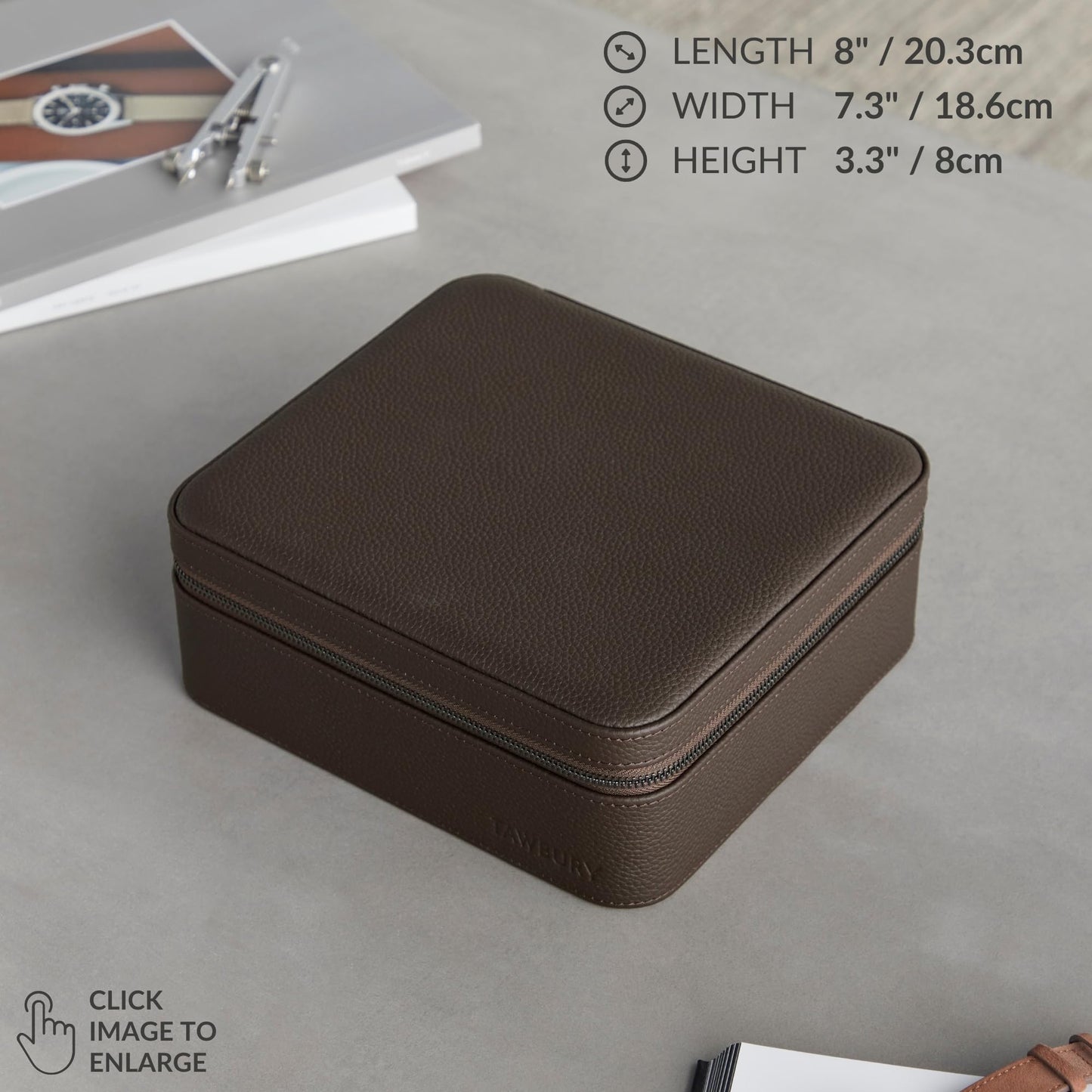 TAWBURY Watch Case - 6 Slot Genuine Top-Grain Leather Watch Box for Men & Women with Extra Wide Pillows for Large Watches - Portable Wristwatch Storage for Home & Travel (Brown)