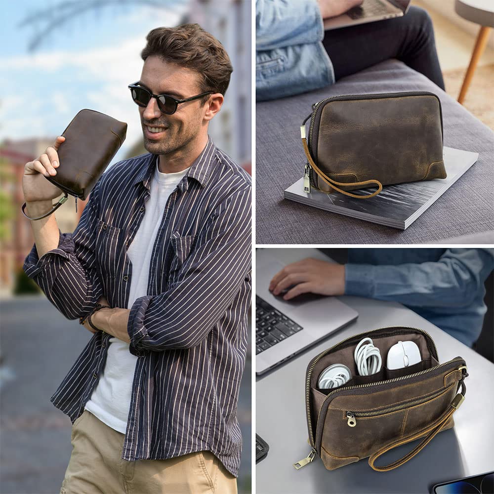 Contacts Crazy Horse Leather Travel Electronic Organizer Cables Chargers Accessories Storage Case Holder Clutch Bag