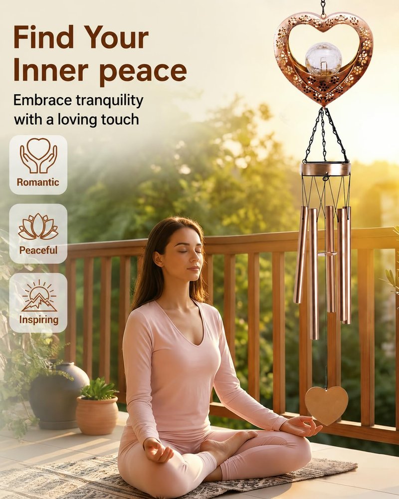 Nacome Solar Heart Wind Chimes for Outside: Weatherproof Metal Outdoor Decor Easy Hanging for Garden Patio Tree Window - Melodious Mother's Day Birthday Gifts for Mom Women Mom Grandma Her Wife