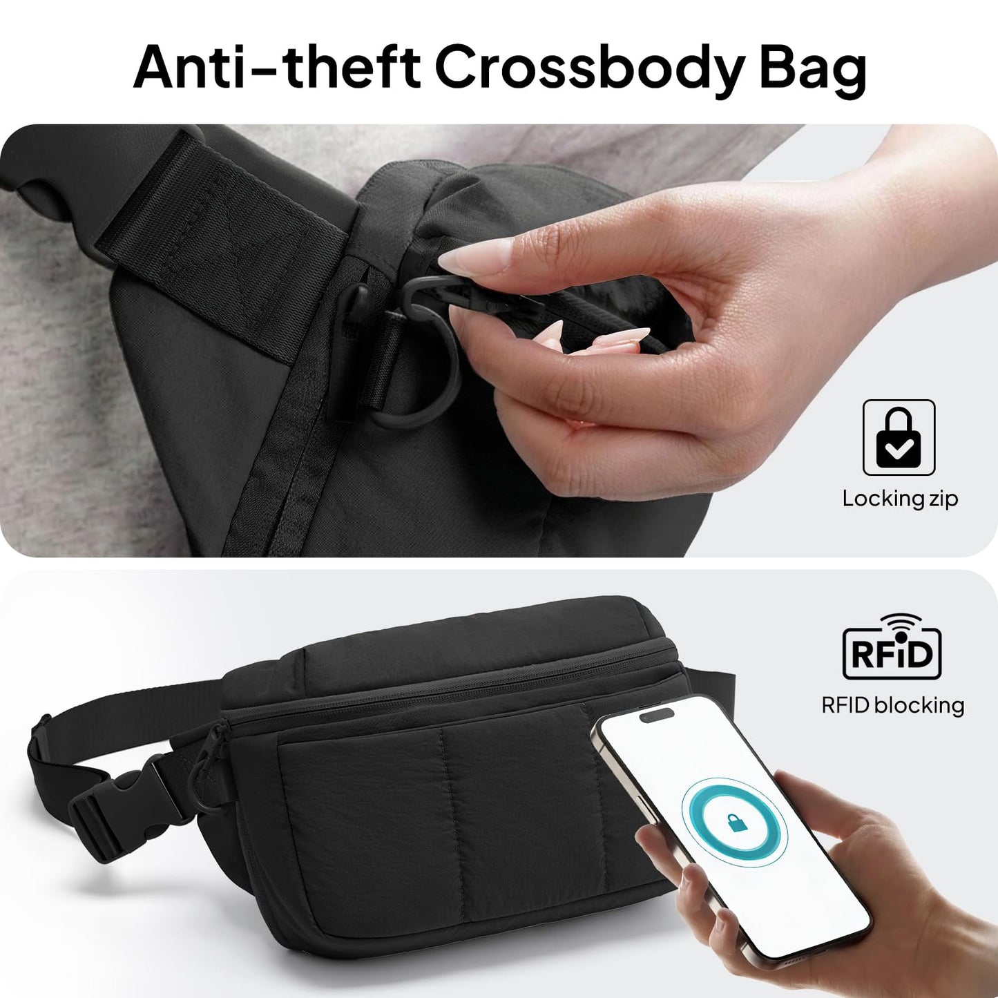 TOPEAST Waist Pack 3.5L Fanny Packs with Water Bottle Holder, Large Capacity Travel Belt Purse Anti-Theft RFID Blocking, Black Fluffy Crossbody Sling Bag for Hiking Walking
