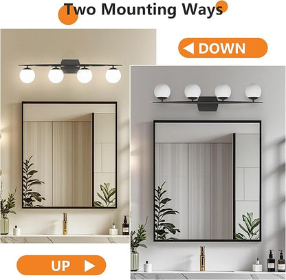 Black Vanity Lighting Fixtures, 4-Light 34.7 Inch Modern Bathroom Light with Milky White Frosted Glass Shades, Wall Lights for Bathroom, Bedroom, Living Room（G9 Bulb not Included）