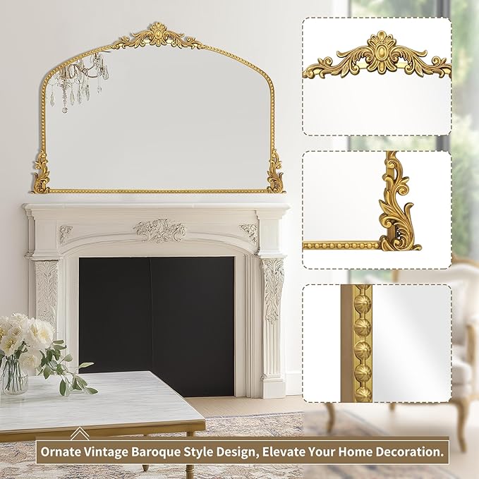 Growsun Vintage Gold Arched Mirror, 40’’x30’’ Antique Baroque Ornate Wall Mirror Decor with Full Metal Frame for Fireplace/Entryway/Living Room/Bathroom