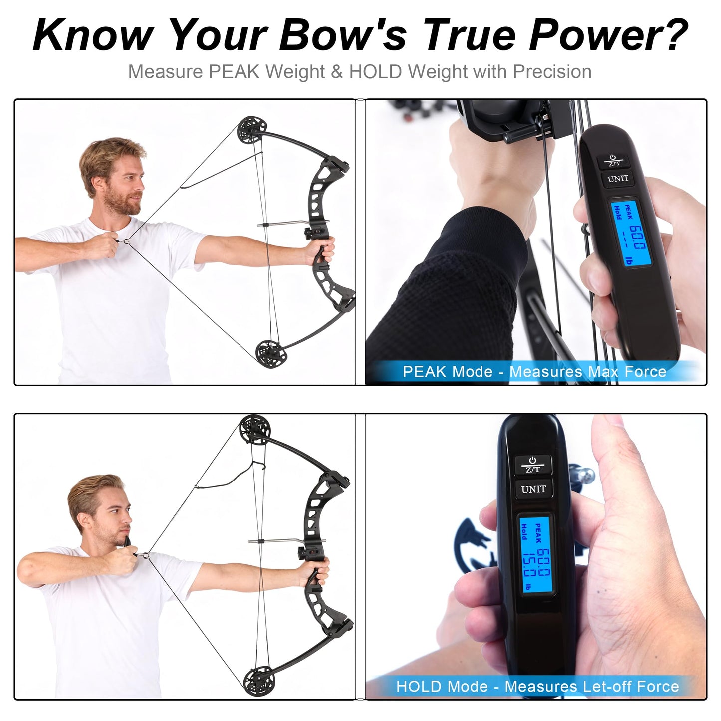 AHOSOUTLY Archery Bow Scale Recurve/Compound Bow 110LB/50KG Tuning Scale with Peak and Hold HD LCD Display LB/KG Battery Included（Black）