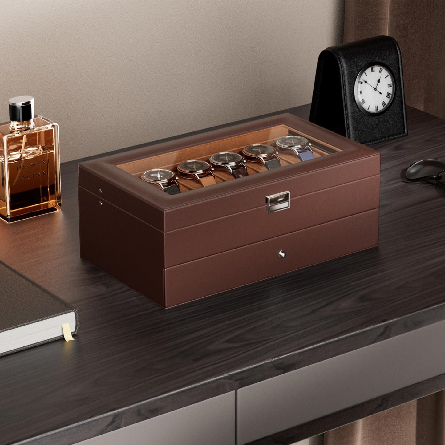 ProCase Watch Box, Fathers Day Gift for Dad, 12 Slot Mens Watch Case With Drawer, 2-Layer Watch Display Case With Glass Lid, Mens Jewelry Box Storage Holder Organizer -12Slot, Espresso