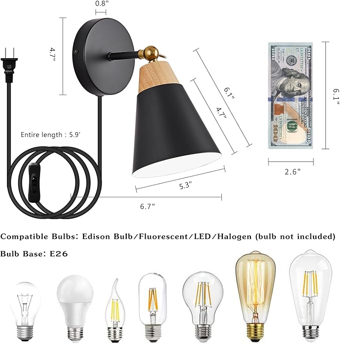 Wall Sconce Set of 2, Wall Sconce with Metal Shade, Plug Switch, Indoor Decor Wall Mount Swing Arm Lamp for Bedroom,Hallway,Living Room,Reading, Black