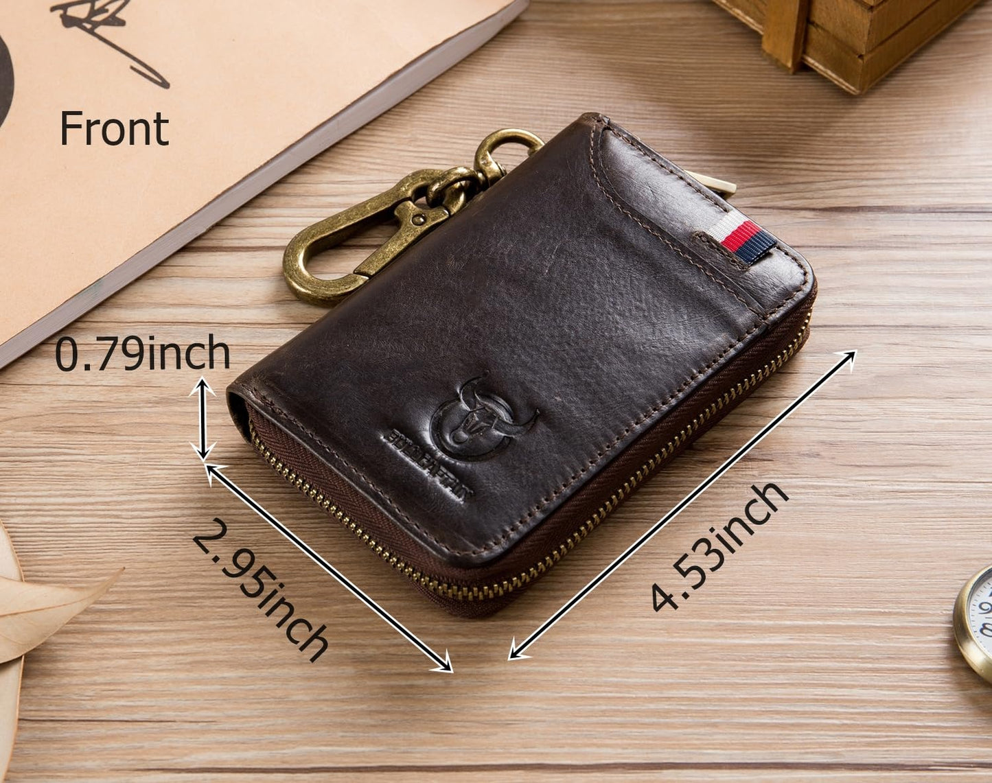 Men's Zipper Key Organizer Rfid Wallet with 6 Hooks Leather Key Holder Case (Dark brown)