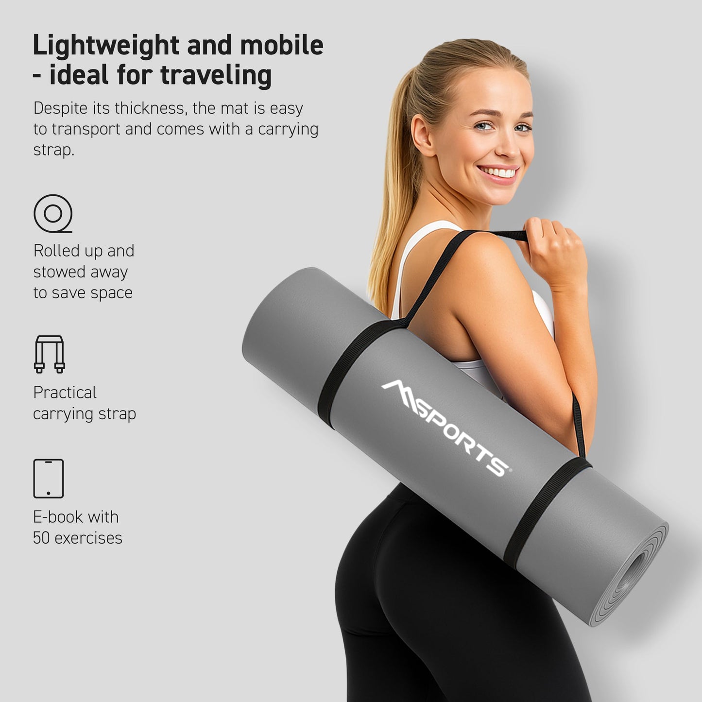 MSPORTS Thick Yoga Mat Premium Non Slip – Extra Comfortable Exercise Mat for Home Workouts, Pilates, Stretching & Gym – Cushioned NBR Foam, Yoga Mat with Strap, for Women & Men (Grey, 74.5 x 40 x 0.6 in)