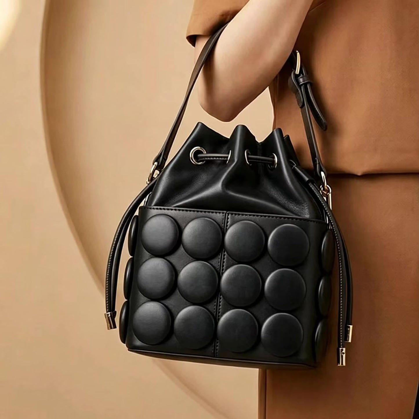 ZGRJSZDD Women's PU Leather Drawstring Top Handle Bucket Bag Purse with Solid Dot Patterns, Crossbody Shoulder Handbag, 9086 Black