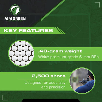 Aim Green Biodegradable Airsoft BBS, Premium-Grade 6mm Airsoft BBS, 40g, 2,500 Count