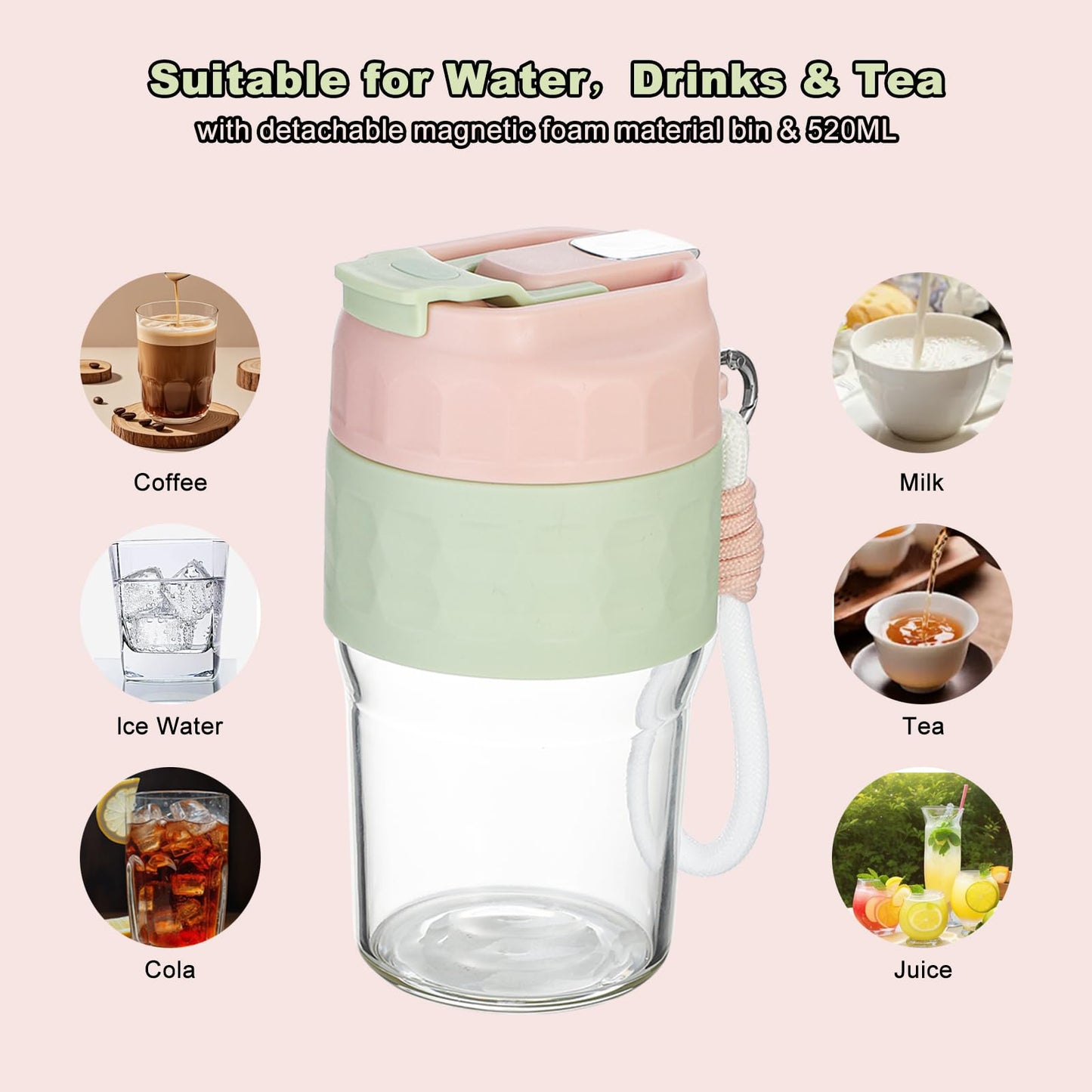 Toycol Portable Glass Bottle with Magnetic Tea Infuser, 18 OZ Water Cup with Removable Carry Strap & Insulation Sleeve, One Button Brewing for Loose Leaf Tea, Great Gift Idea for Women (Pink)