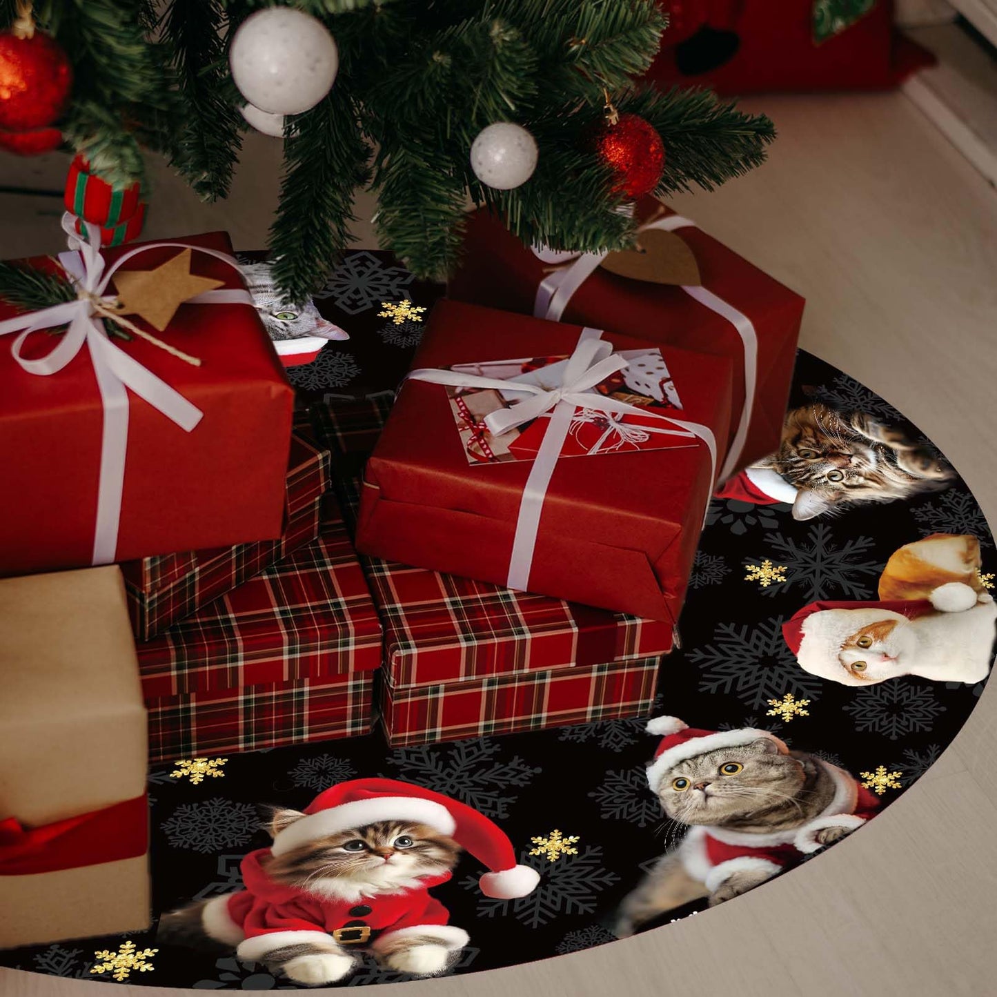 Cat Christmas Tree Skirt 36 Inches Black and Gold Xmas Skirt Under Tree Base Cover Collar Floor Mat for 6.5ft-Tree, Christmas Decor for Home Office Indoor Holiday Party Decor