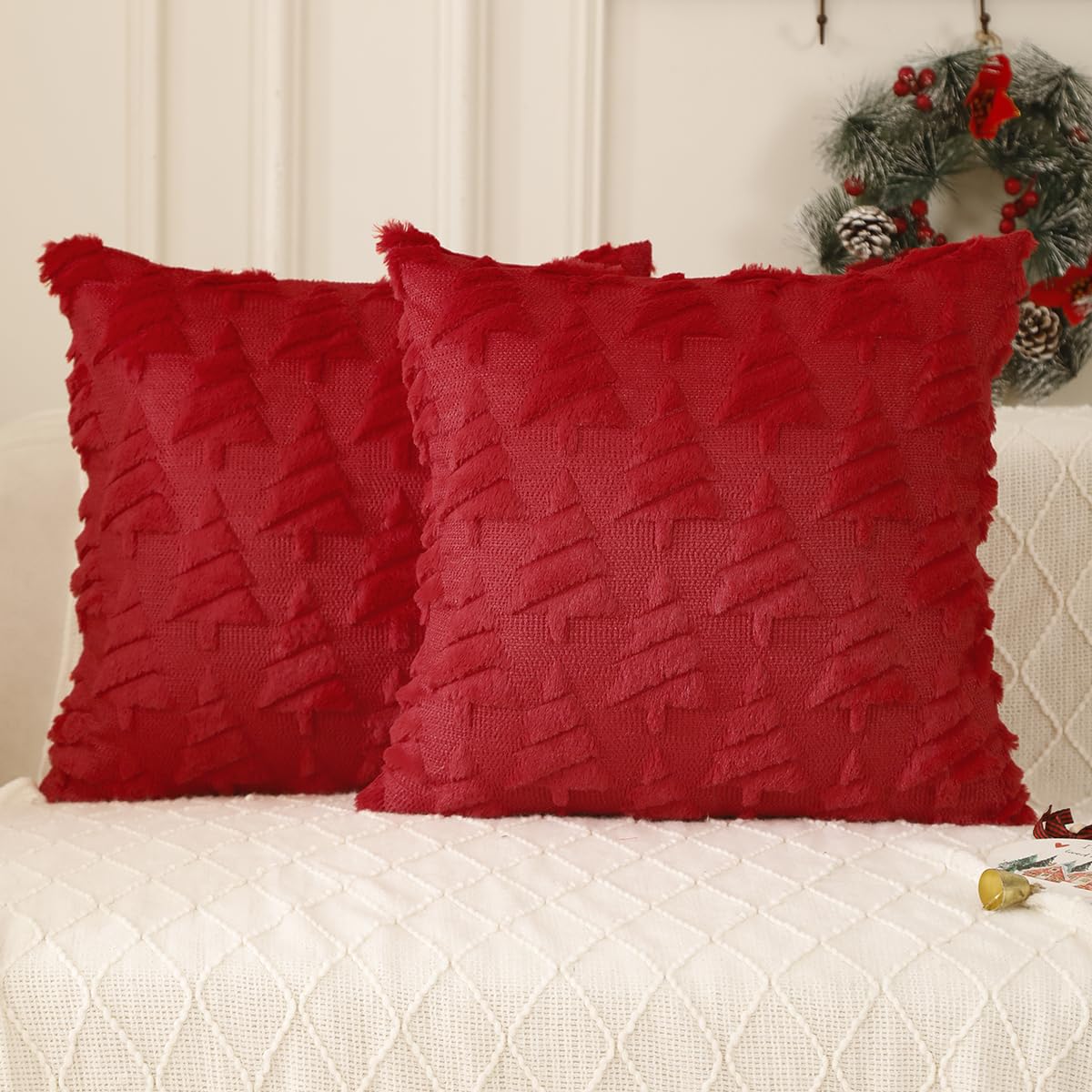 All Smiles Christmas Decorative Pillow Covers 18x18 Set of 2, Xmas Navidad Ornaments Soft Plush Faux Fur,Decorations Winter Holiday Couch Cases Home Decor for Sofa Livingroom Bed,Red